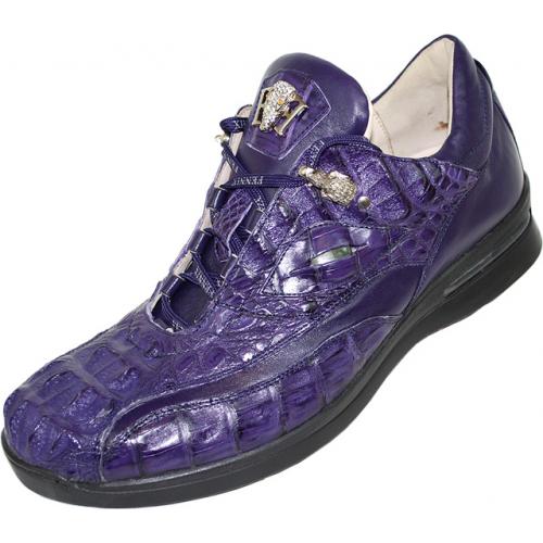 Fennix Italy "Dinosaur" Violet All-Over Genuine Hornback Crocodile & Calf Leather Sneakers With Eyes And Silver Alligator Head